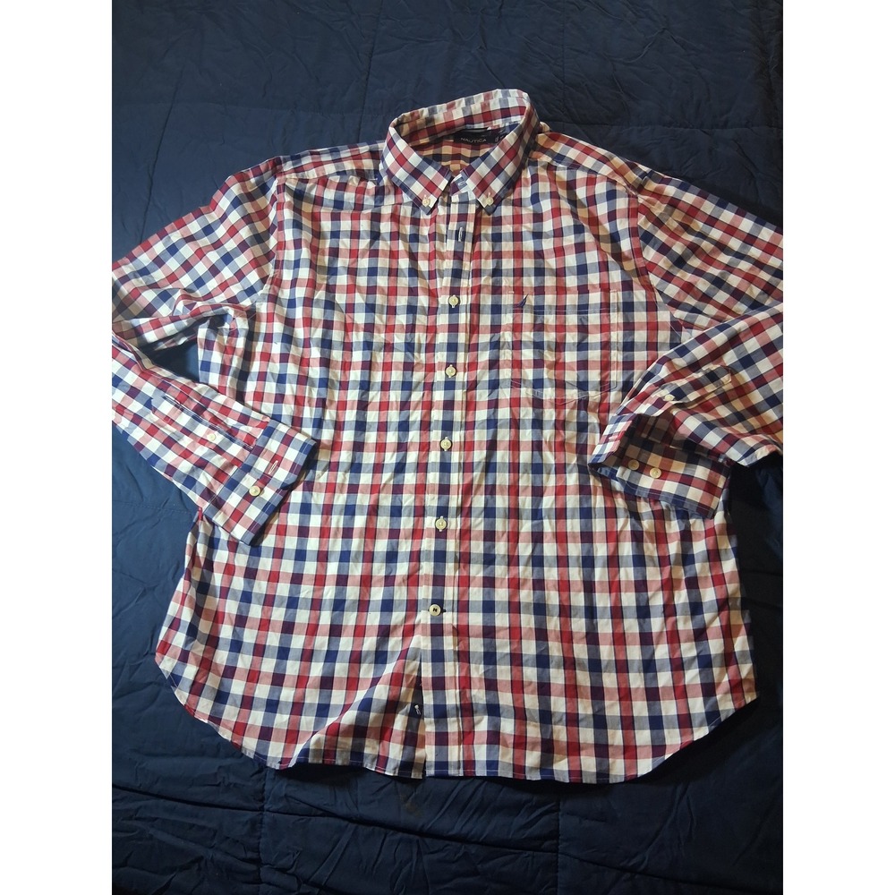 Nautica Mens XXL Plaid Button Down Shirt Red White Blue Long Sleeve Pocket